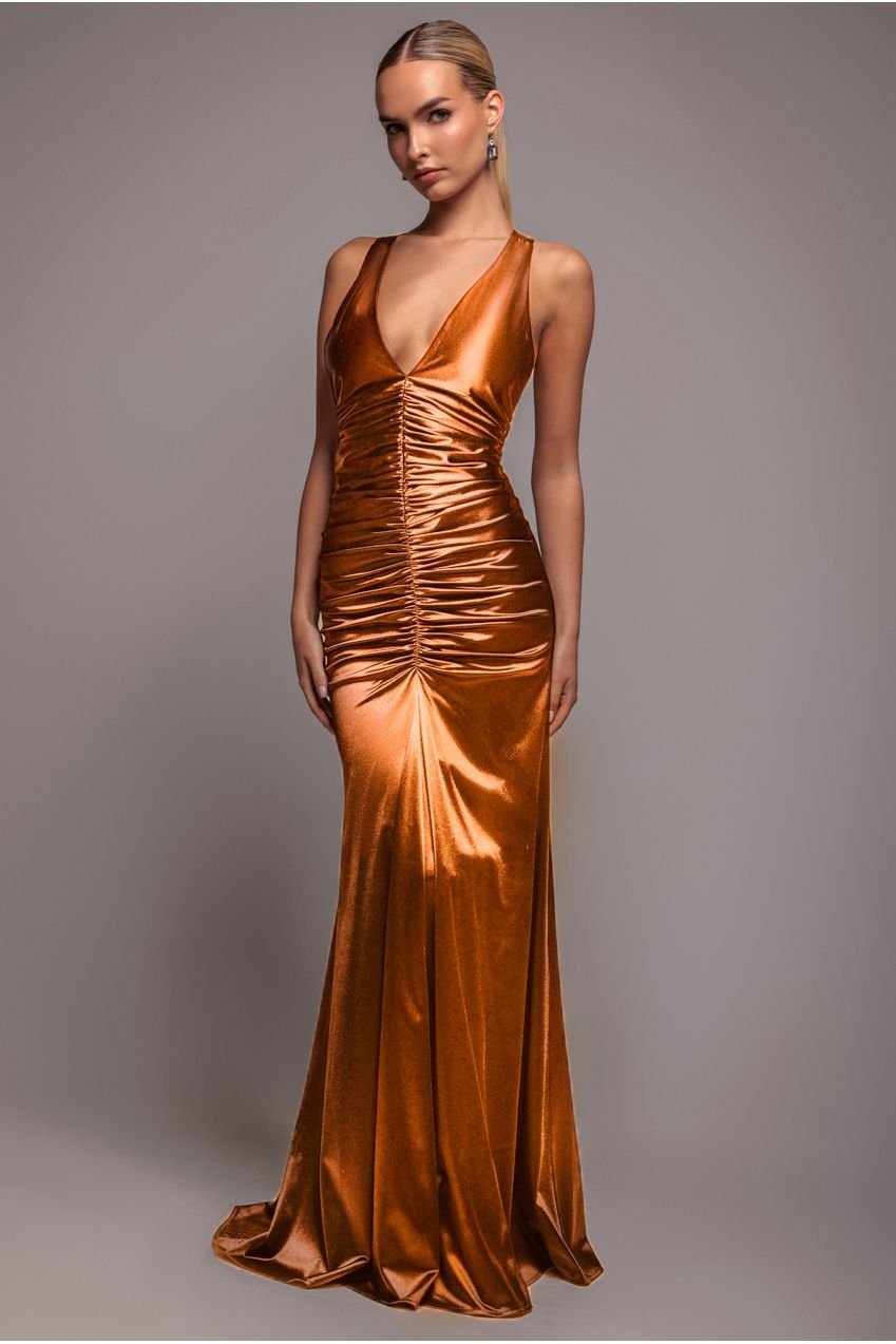 Goddiva Multi-Tied Satin Gathered Ring Maxi Dress – Bronze