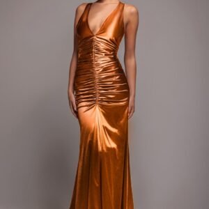 Goddiva Multi-Tied Satin Gathered Ring Maxi Dress - Bronze
