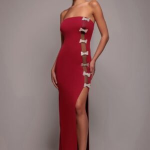 Goddiva Bow Embellished Strapless Mermaid Maxi Dress - Wine