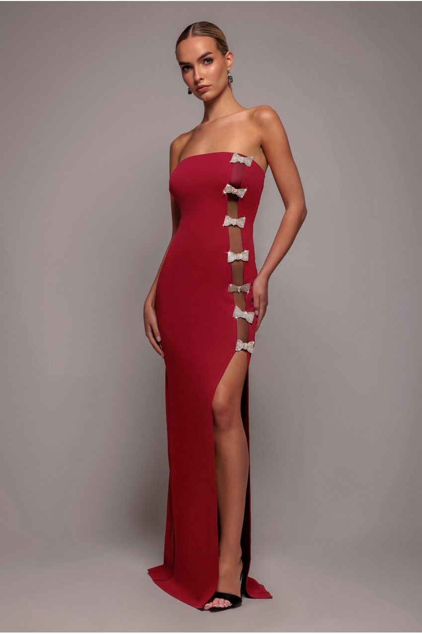 Goddiva Bow Embellished Strapless Mermaid Maxi Dress – Wine