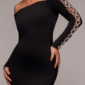 Goddiva Embellished Diamante Sleeve Bardot Maxi Dress - Black