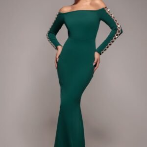 Goddiva Embellished Diamante Sleeve Bardot Maxi Dress - Emerald Green