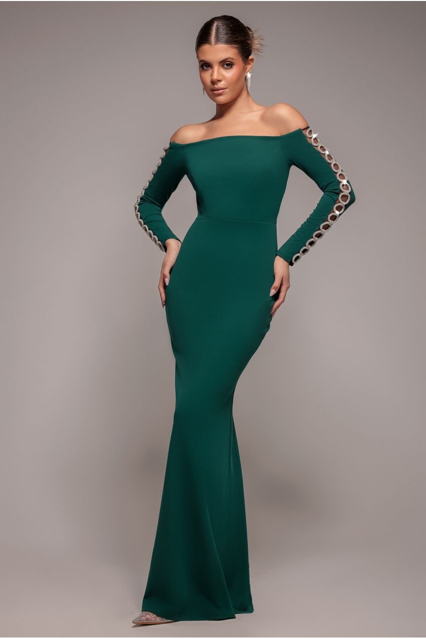 Goddiva Embellished Diamante Sleeve Bardot Maxi Dress – Emerald Green