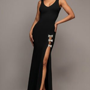 Goddiva Diamante Brooch Thigh Split Mermaid Maxi Dress - Black