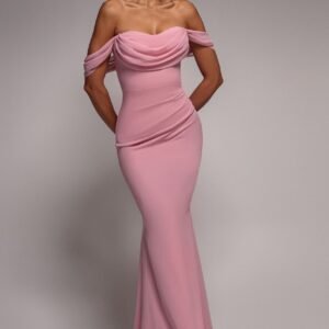 Goddiva Bardot Scuba & Chiffon Cowl Maxi Dress - Blush Pink