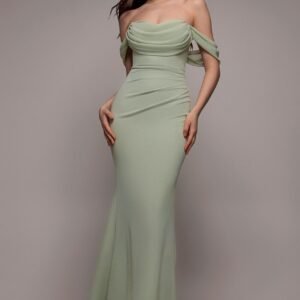 Goddiva Bardot Scuba & Chiffon Cowl Maxi Dress - Sage Green