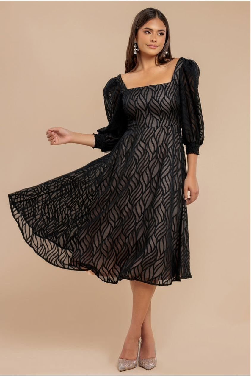 Goddiva Puff Sleeve Side Slit Flared Jacquard Chiffon Midi Dress – Black