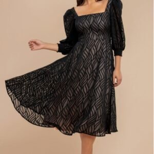 Goddiva Puff Sleeve Side Slit Flared Jacquard Chiffon Midi Dress - Black