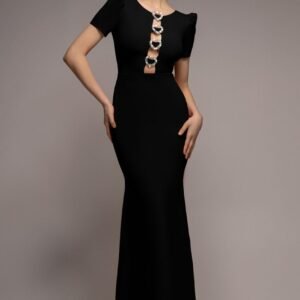 Goddiva Diamante Embellished Heart Brooch Scuba Maxi Dress - Black