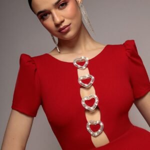 Goddiva Diamante Embellished Heart Brooch Scuba Maxi Dress - Red