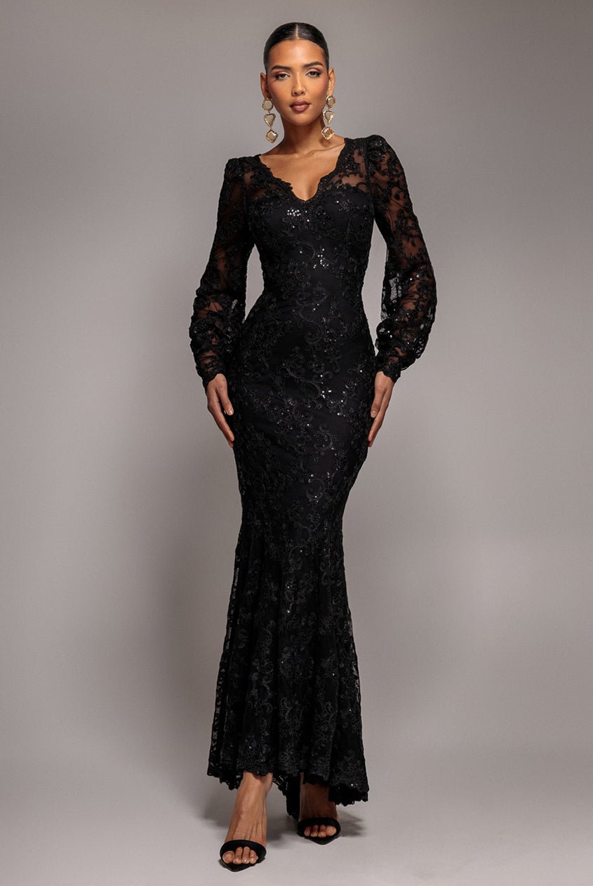 Goddiva Embroidered Lace Scalloped Edge Maxi Dress – Black