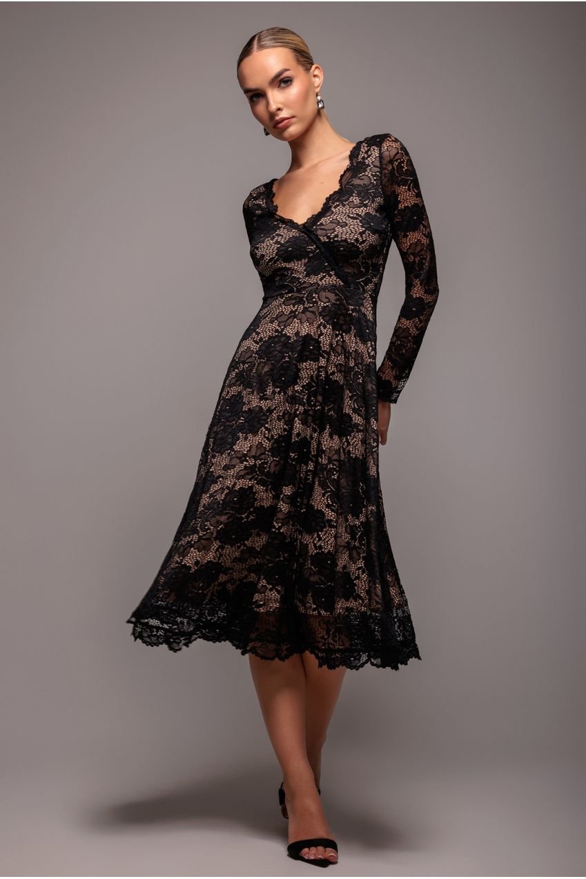 Goddiva Scalloped Lace A-line Midi Dress – Black
