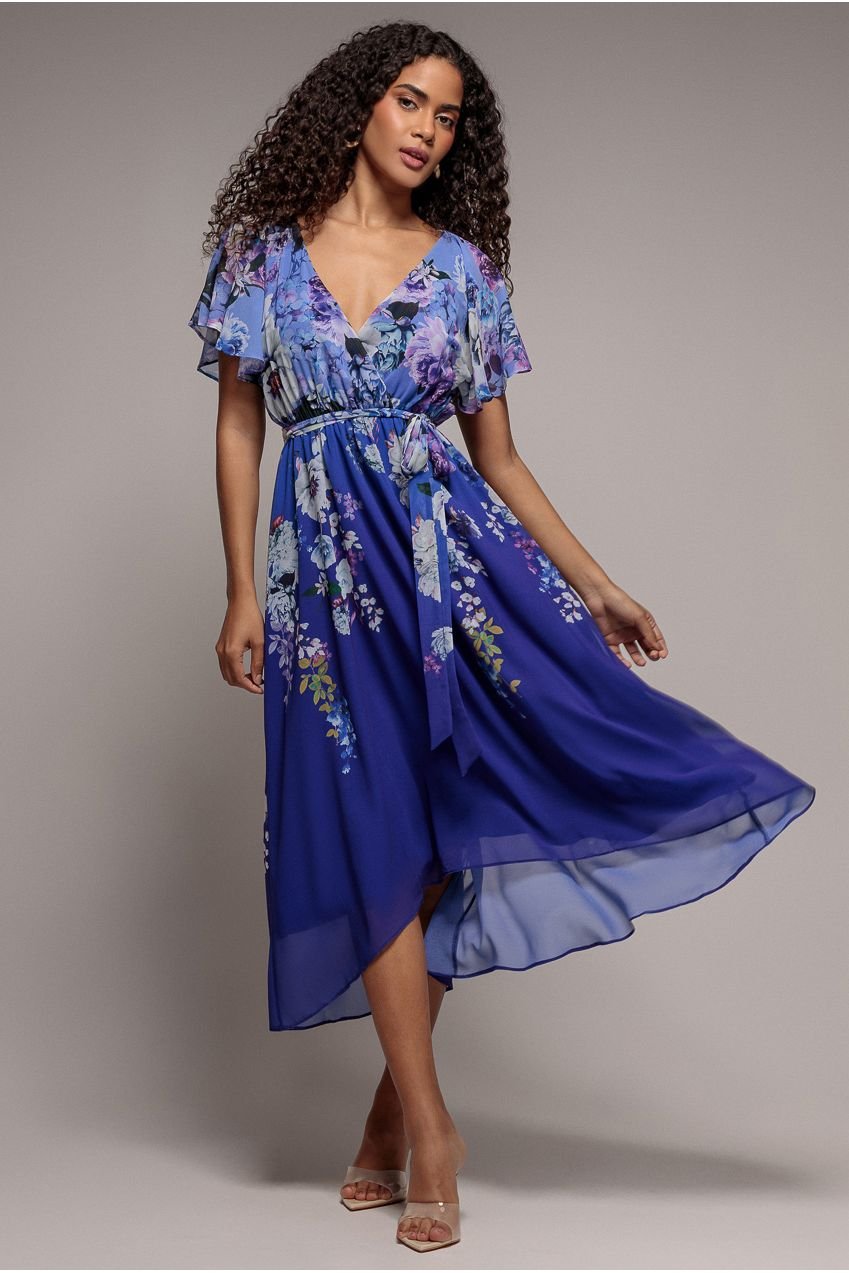 Goddiva Flutter Sleeve A-Line Chiffon Floral Printed Midi Dress – Royal Blue