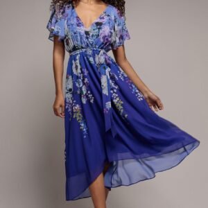 Goddiva Flutter Sleeve A-Line Chiffon Floral Printed Midi Dress - Royal Blue