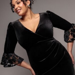 Goddiva Plus Crochet Velvet Wrap Midi Dress - Black