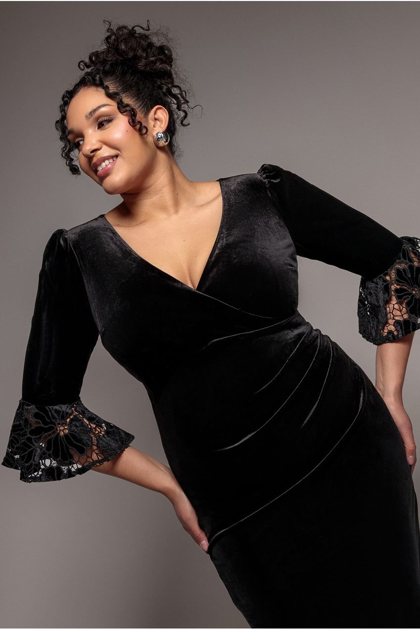 Goddiva Plus Crochet Velvet Wrap Midi Dress – Black