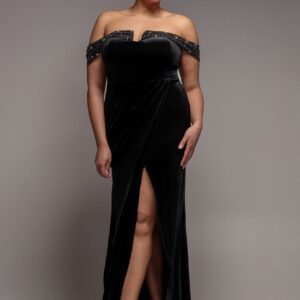 Goddiva Plus Off Shoulder Hotfix Diamante Wing Velvet Maxi Dress - Black