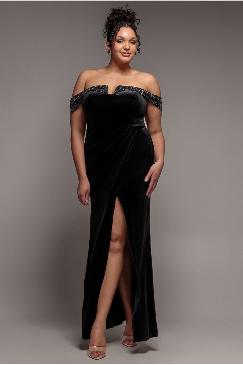 Goddiva Plus Off Shoulder Hotfix Diamante Wing Velvet Maxi Dress – Black