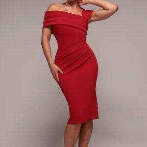 Goddiva Scuba Crepe Pleated Drop Shoulder Midi Dress - Red
