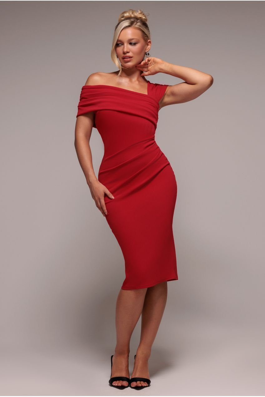 Goddiva Scuba Crepe Pleated Drop Shoulder Midi Dress – Red