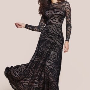 Goddiva Geo Wave Flare Skirt Long Sleeve Maxi Dress - Black