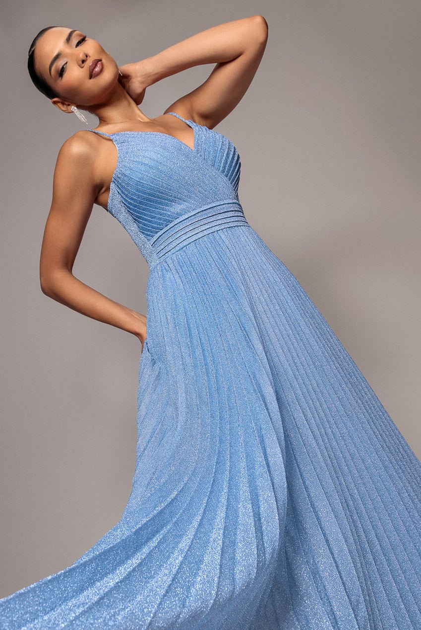 Goddiva Sleeveless Pleated A Line Lurex Maxi Dress – Blue