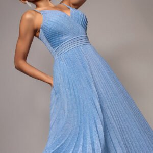 Goddiva Sleeveless Pleated A Line Lurex Maxi Dress - Blue