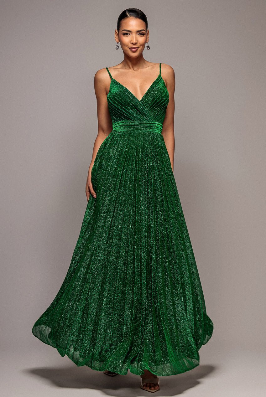 Goddiva Sleeveless Pleated A Line Lurex Maxi Dress – Emerald Green