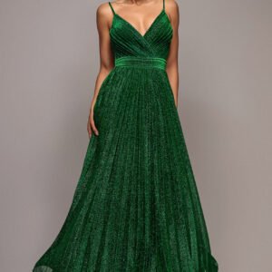 Goddiva Sleeveless Pleated A Line Lurex Maxi Dress - Emerald Green