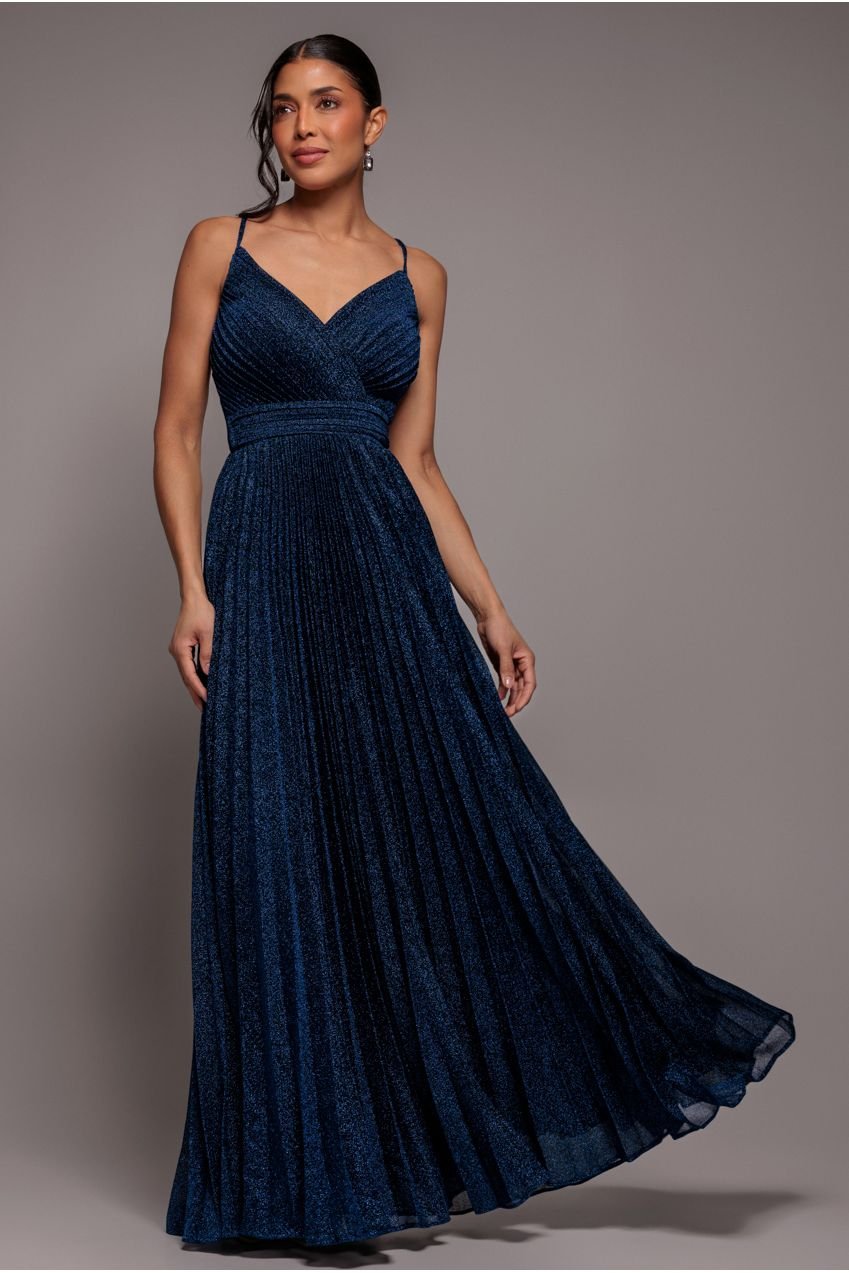 Goddiva Sleeveless Pleated A Line Lurex Maxi Dress – Navy Blue
