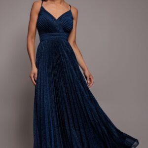 Goddiva Sleeveless Pleated A Line Lurex Maxi Dress - Navy Blue
