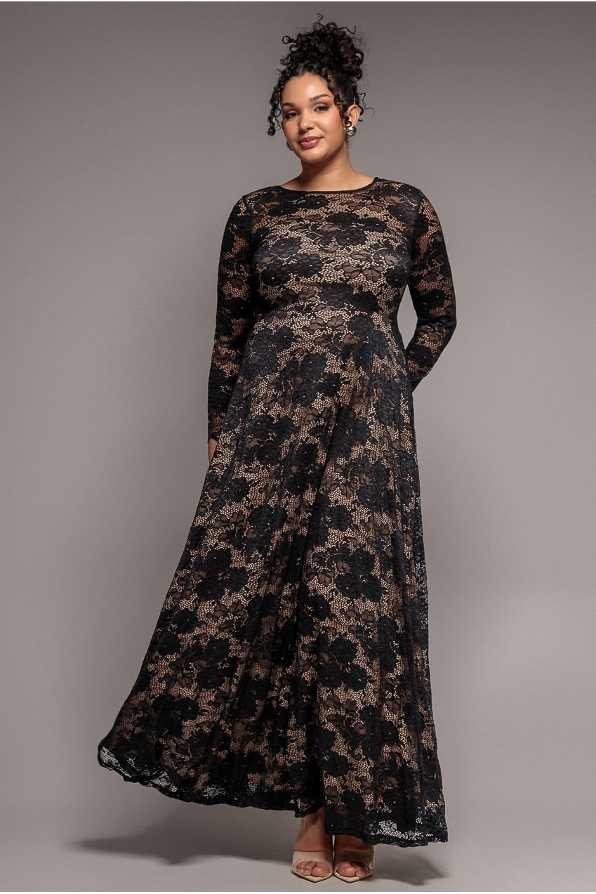 Goddiva Plus Scalloped Lace A-Line Maxi Dress – Black
