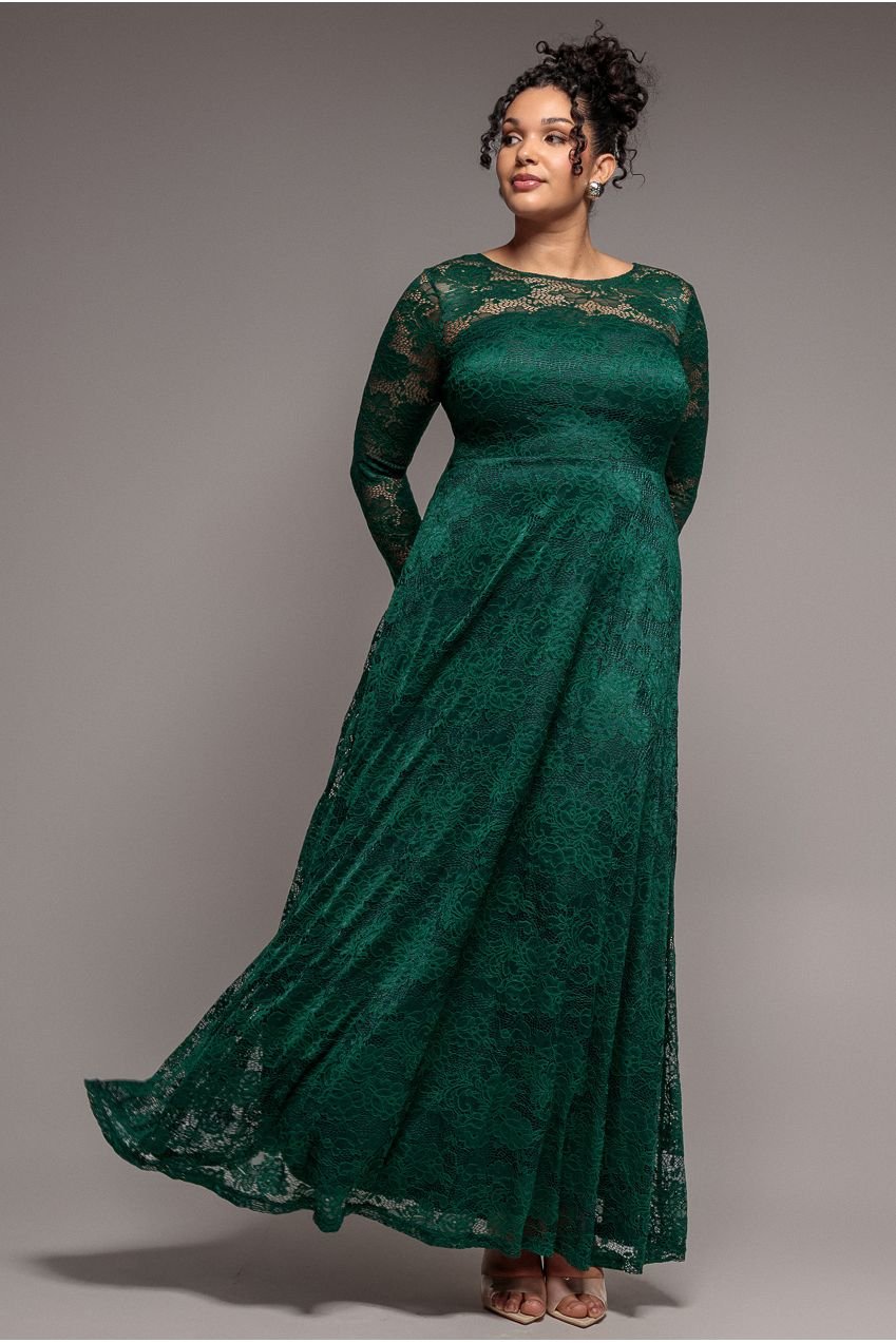 Goddiva Plus Scalloped Lace A-Line Maxi Dress – Emerald Green