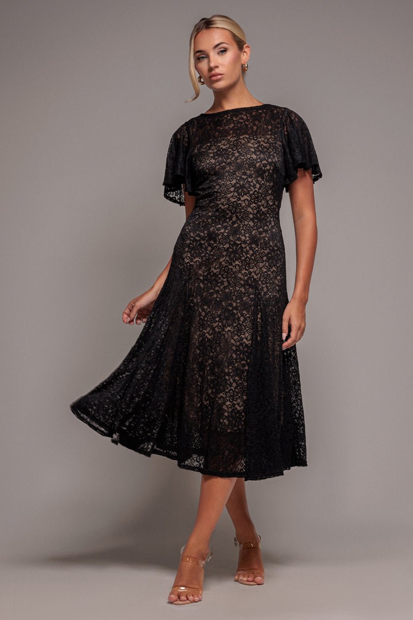 Goddiva Flutter Sleeve Lace A-Line Midi Dress – Black