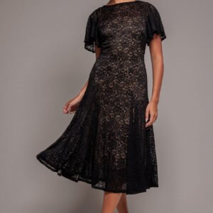 Goddiva Flutter Sleeve Lace A-Line Midi Dress - Black