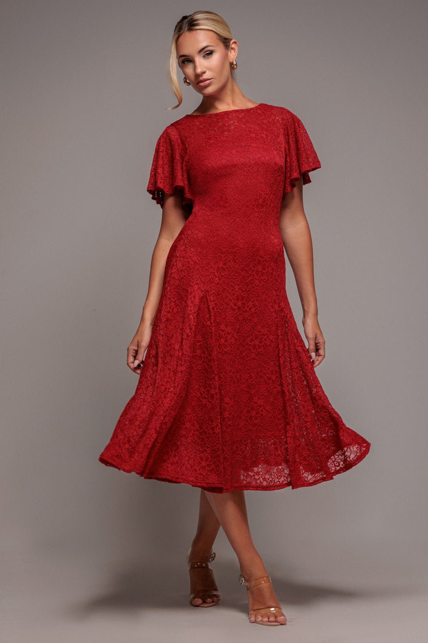 Goddiva Flutter Sleeve Lace A-Line Midi Dress – Red