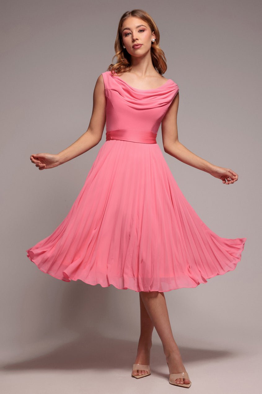 Goddiva Cowl Neck Pleated A-Line Chiffon Midi Dress – Coral