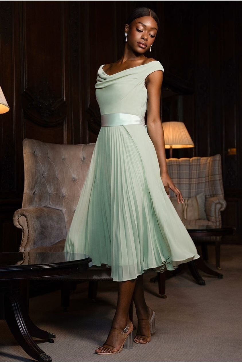 Goddiva Cowl Neck Pleated A-Line Chiffon Midi Dress – Sage Green