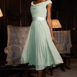 Goddiva Cowl Neck Pleated A-Line Chiffon Midi Dress - Sage Green