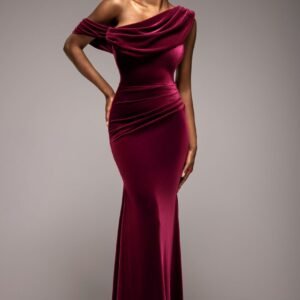 Goddiva Cowl One Shoulder Velvet Maxi Dress - Burgundy Red