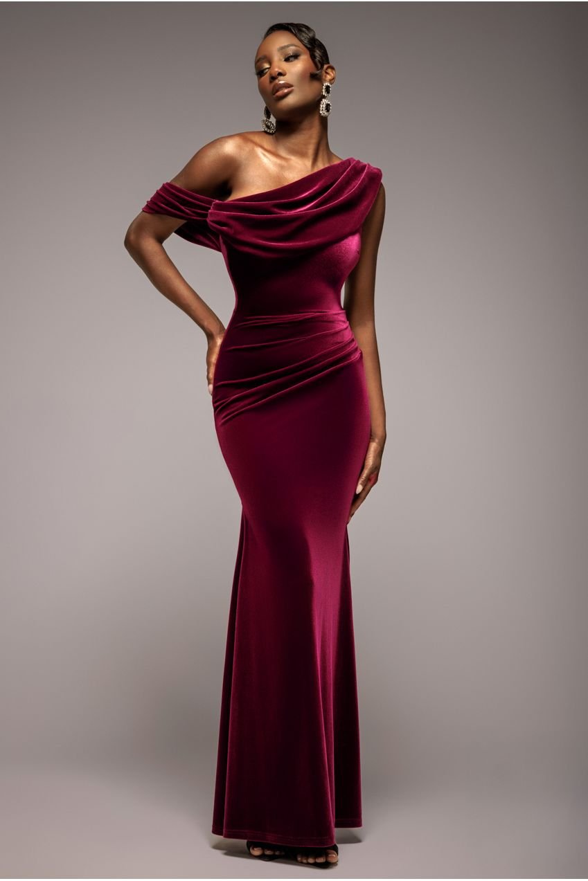 Goddiva Cowl One Shoulder Velvet Maxi Dress – Burgundy Red