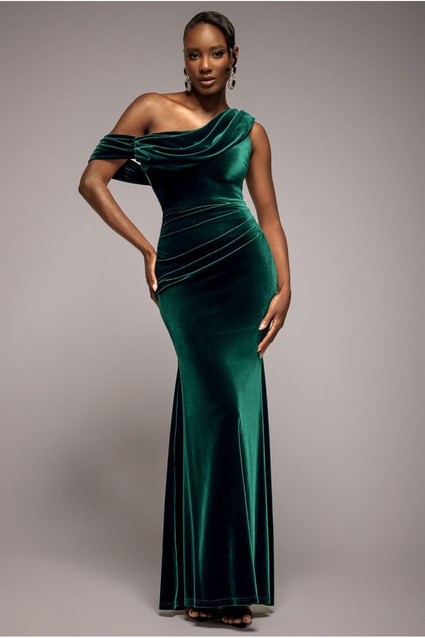 Goddiva Cowl One Shoulder Velvet Maxi Dress – Emerald Green
