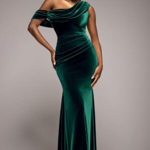 Goddiva Cowl One Shoulder Velvet Maxi Dress - Emerald Green