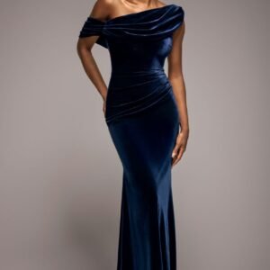 Goddiva Cowl One Shoulder Velvet Maxi Dress - Navy Blue