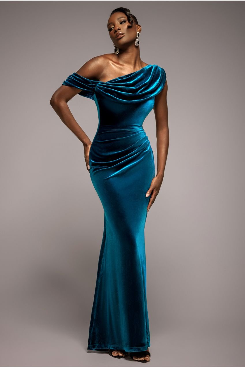 Goddiva Cowl One Shoulder Velvet Maxi Dress – Teal