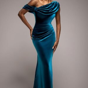 Goddiva Cowl One Shoulder Velvet Maxi Dress - Teal
