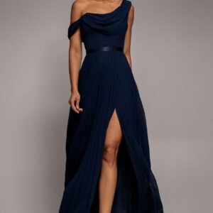 Goddiva Cowl Neck One Shoulder A Line Chiffon Maxi Dress - Navy Blue