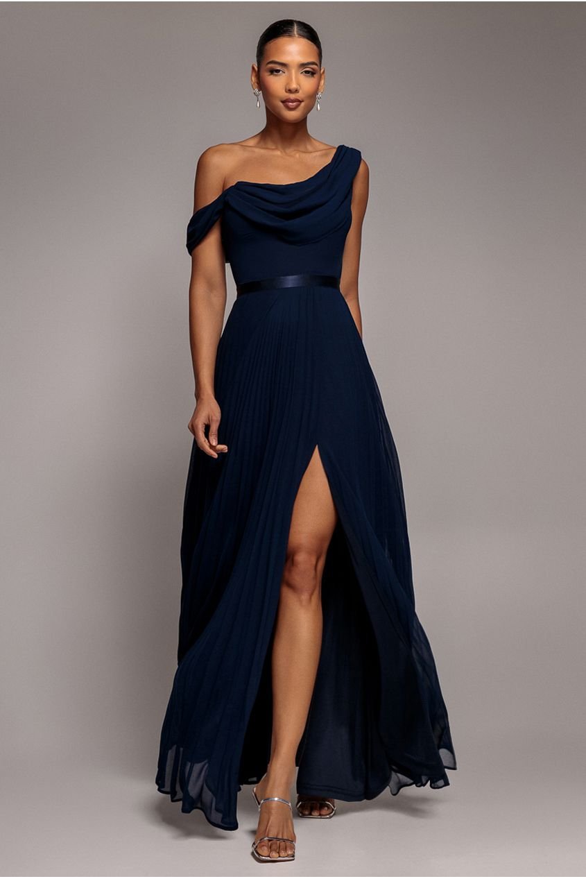 Goddiva Cowl Neck One Shoulder A Line Chiffon Maxi Dress – Navy Blue