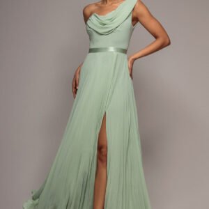 Goddiva Cowl Neck One Shoulder A Line Chiffon Maxi Dress - Sage Green