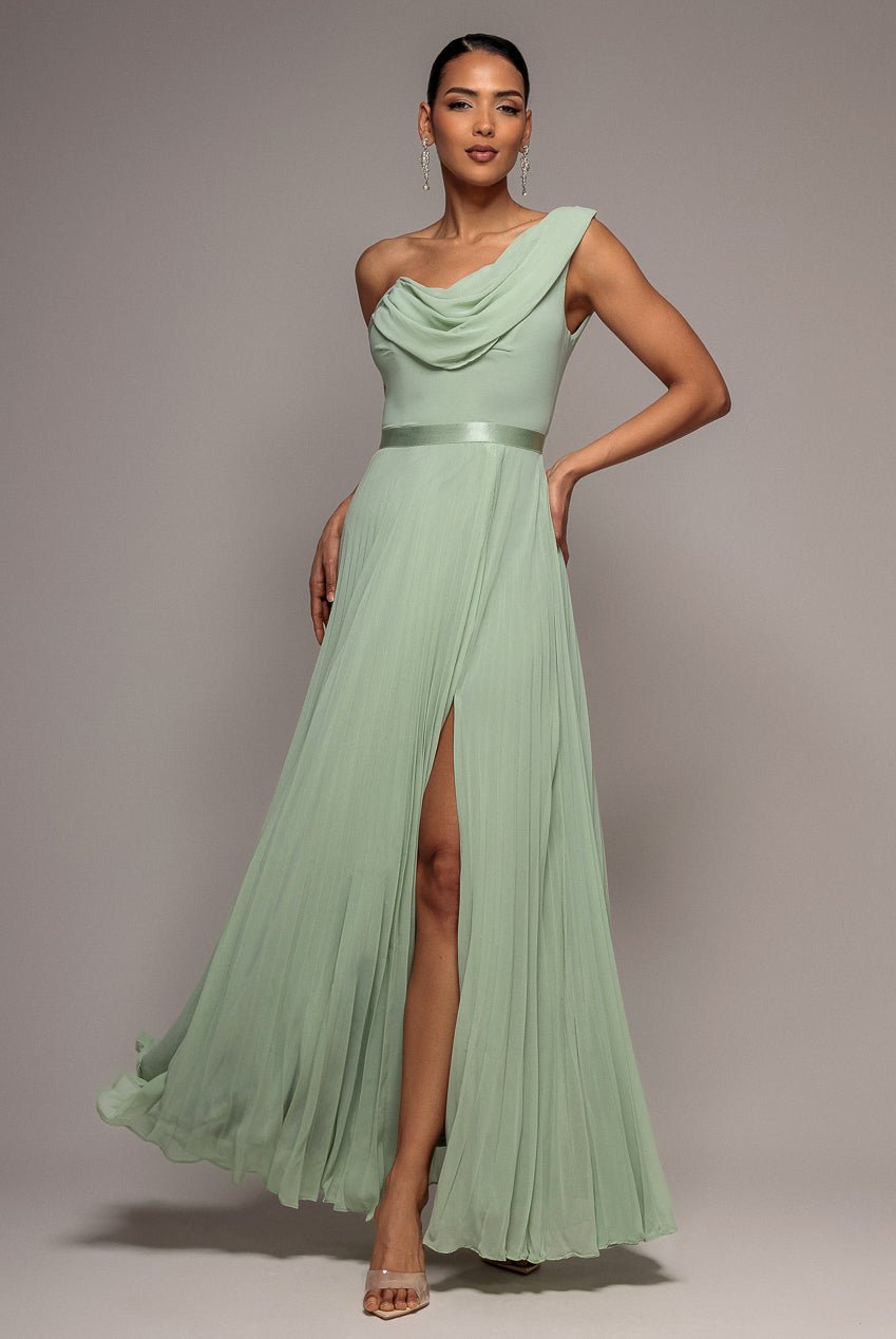 Goddiva Cowl Neck One Shoulder A Line Chiffon Maxi Dress – Sage Green